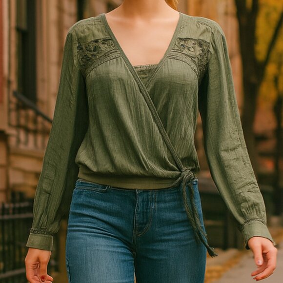 Lovestitch Wrap Embroidered Side Tie Blouse Long Sleeve Boho Women Size Small - Picture 2 of 9